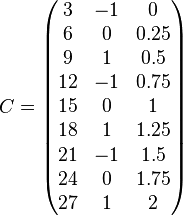 
 C =
 \begin{pmatrix}
           3   &       -1  &         0 \\
           6   &        0  &      0.25 \\
           9   &        1  &       0.5 \\
          12   &       -1  &      0.75 \\
          15   &        0  &         1 \\
          18   &        1  &      1.25 \\
          21   &       -1  &       1.5 \\
          24   &        0  &      1.75 \\
          27   &        1  &         2
 \end{pmatrix}
